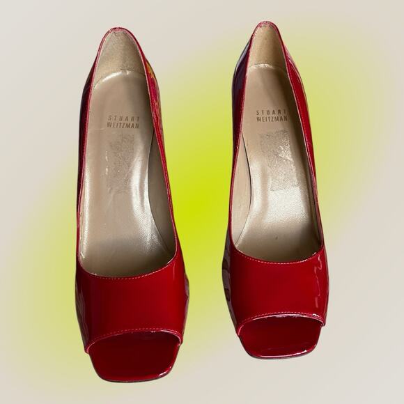 Stuart Weitzman Ruby Red Stiletto Heels Klinda Opentoe Patent Leather Sz 9 Woman - Picture 5 of 10
